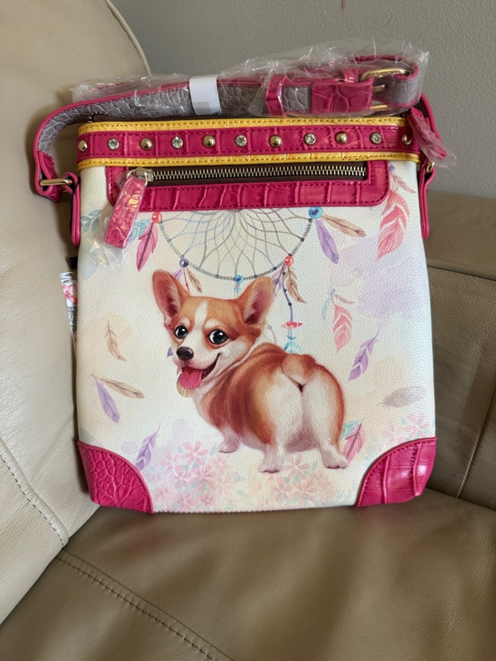 NWT-Brentano Pink Corgi Print Crossbody Bag with Dreamcatcher Design